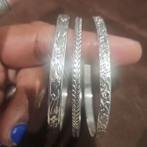 925 Sterling Silver Floral and Rope Bangle Set Of Three Ladies Size 8